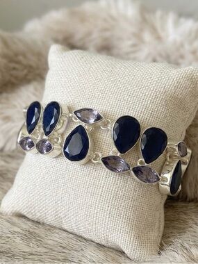 Faceted Handcrafted Sapphire Blue & Amethyst Acrylic Link Bracelet Silver Plated